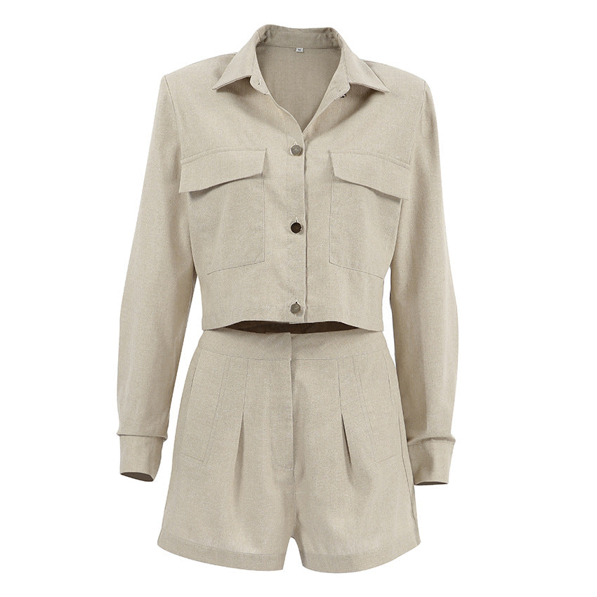 Lapel Long Sleeve Khaki Suit