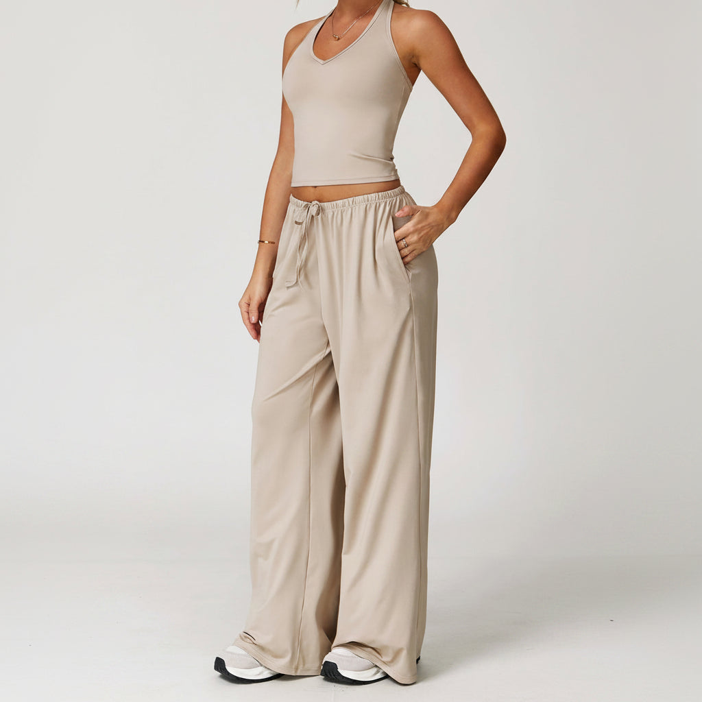 2-Piece Set Halter Crop Top + Wide Leg Pants