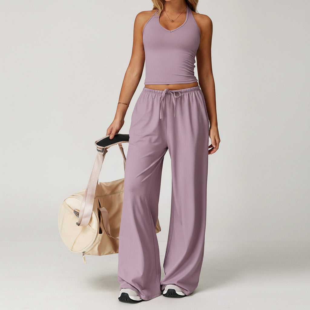 2-Piece Set Halter Crop Top + Wide Leg Pants