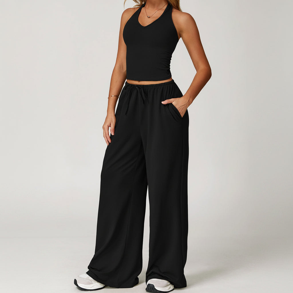 2-Piece Set Halter Crop Top + Wide Leg Pants